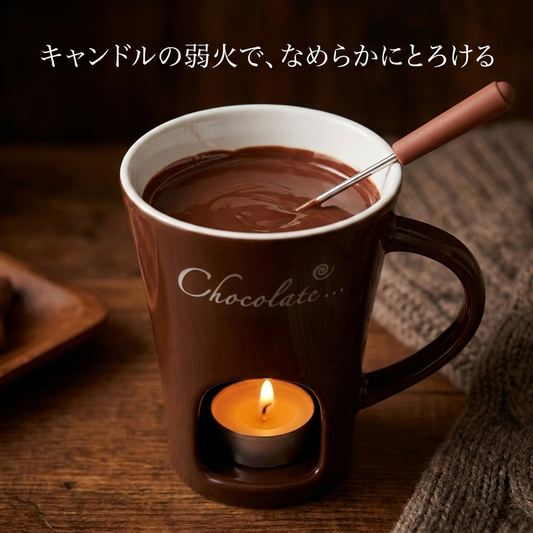 ブラウンのマグで底のキャンドルが灯りチョコがとろける接写、前面に「Chocolate…」プリント。文字:キャンドルの弱火で、なめらかにとろける