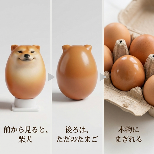 前=柴犬の顔、後ろ=ただのたまご、本物の卵にまぎれる、3ステップ(硬質フィギュア)