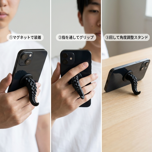 使い方3ステップ:マグネットで装着、指を通してグリップ、回して角度調整スタンド
