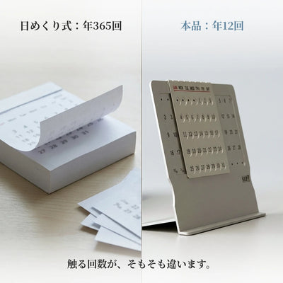 日めくり式のカレンダーと本品を左右に並べ、触る回数の違いを示した写真。