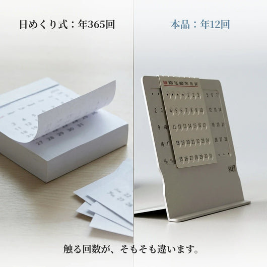 日めくり式のカレンダーと本品を左右に並べ、触る回数の違いを示した写真。