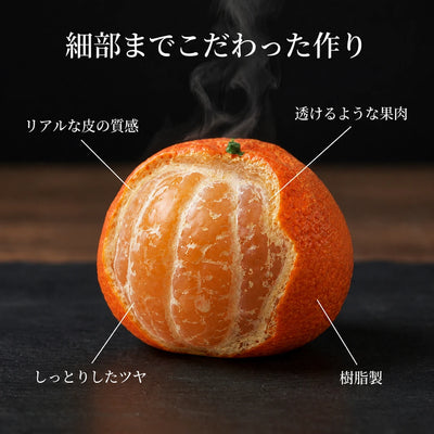 特徴の吹き出し：リアルな皮の質感／透けるような果肉／しっとりしたツヤ／樹脂製。「細部までこだわった作り」。