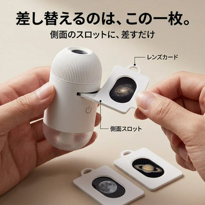 レンズカードを本体側面のスロットに差し込むところ