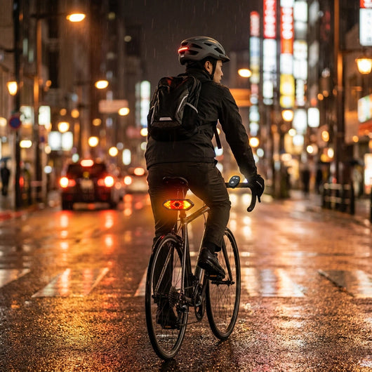 夜道を走る自転車のワイヤレスウインカー点灯シーン