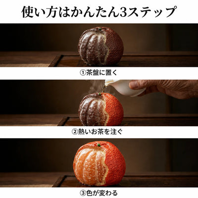 使い方3ステップ：①茶盤に置く ②熱いお茶を注ぐ ③色が変わる。