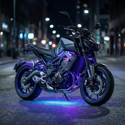 Wireless LED accent lights on a night motorcycle