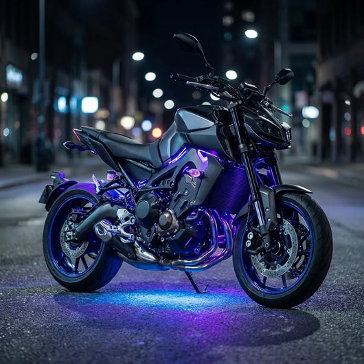 Wireless LED accent lights on a night motorcycle