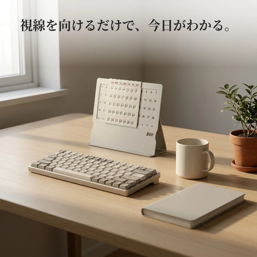 朝の光が入るデスクに置かれた本体。キーボードとマグカップ、観葉植物。