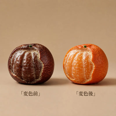 皮むきかけみかんの変色茶寵。左が変色前（暗い茶色）、右が変色後（鮮やかなオレンジ）の比較。