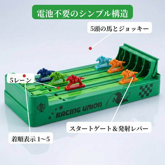 電池不要のシンプル構造（5レーン・馬5頭・スタートゲート・着順表示1〜5）