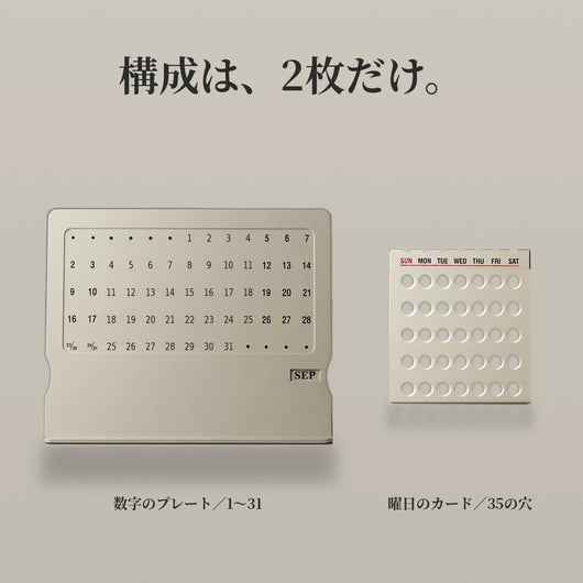 1〜31の数字プレートと、35の丸穴があいた曜日カード。本体は2枚だけで構成されている。