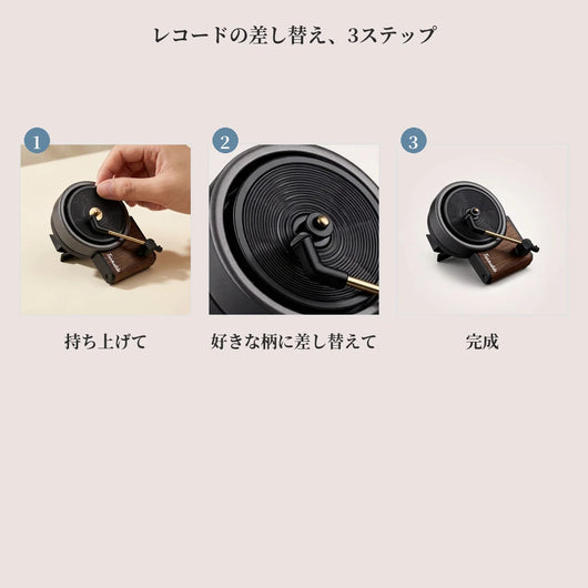 レコードの差し替え手順 持ち上げて 好きな柄に差し替えて 完成