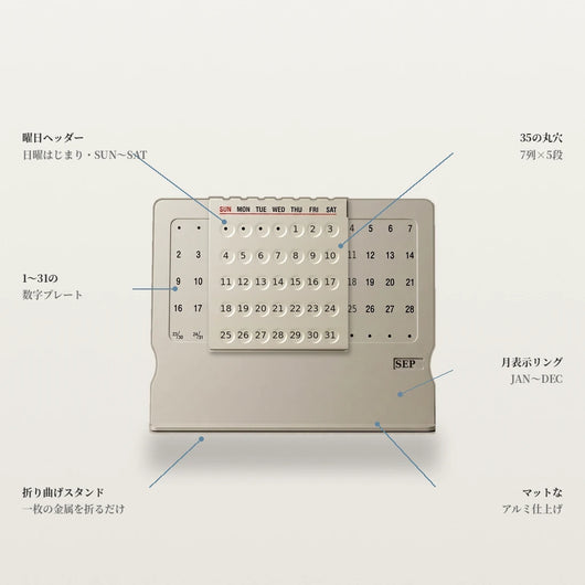 各部の名称。曜日ヘッダー、35の丸穴、数字プレート、月表示リング、折り曲げスタンド。