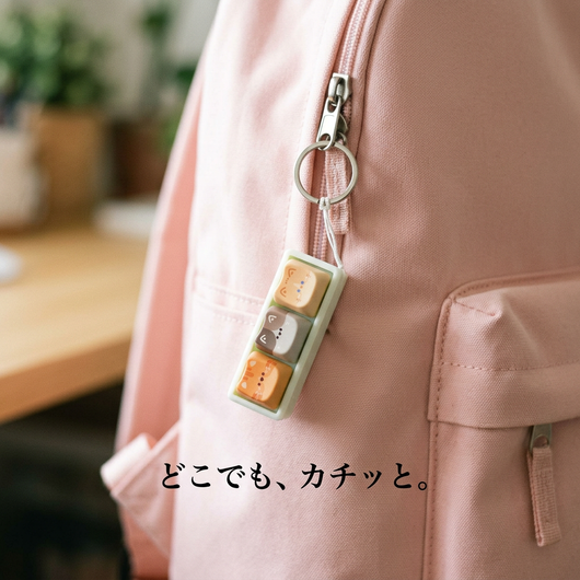 パステルピンクのバッグのジッパーにストラップで付けた猫キーホルダー。「どこでも、カチッと。」