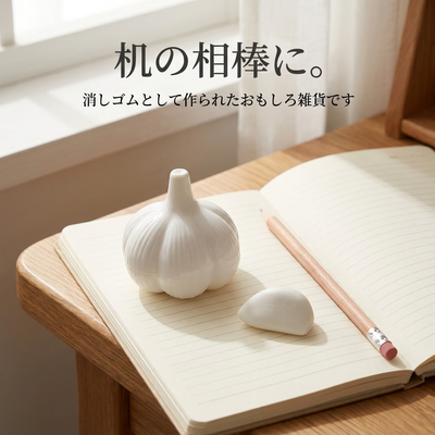 ノートと鉛筆のそばに置いたにんにく型消しゴム。消しゴムとして作られたおもしろ雑貨
