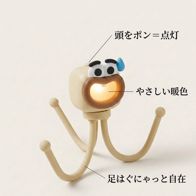 機能説明：頭ボタン・暖色の口・曲がる足の3点
