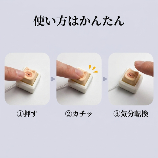 使い方3ステップ：①押す ②カチッ ③気分転換（1キータイプ）