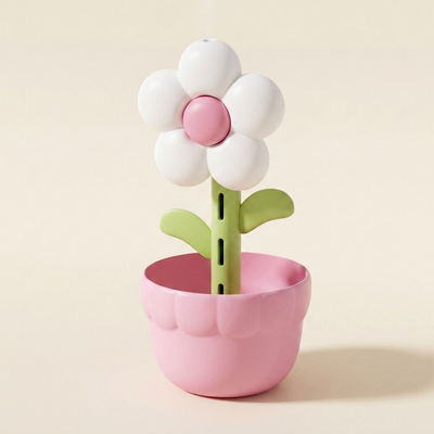 白い花・ピンクの鉢・ピンク中心ボタンのフラワー加湿器（クリーンなスタジオ撮影）