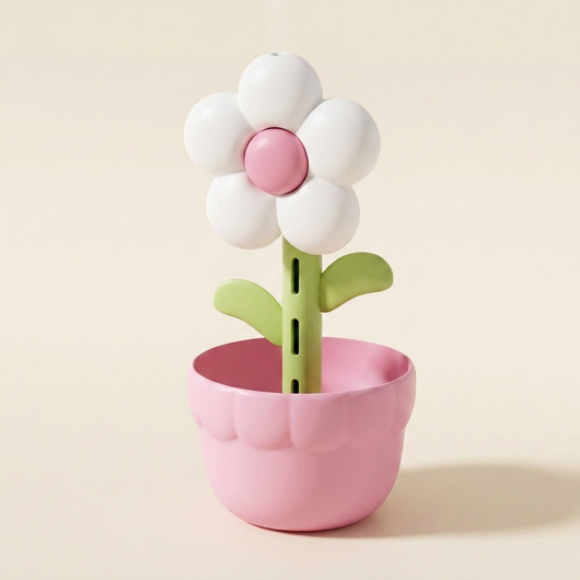 白い花・ピンクの鉢・ピンク中心ボタンのフラワー加湿器（クリーンなスタジオ撮影）