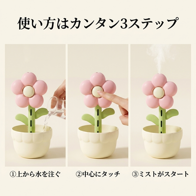 使い方はカンタン3ステップ：上から水を注ぐ・中心にタッチ・ミストがスタート