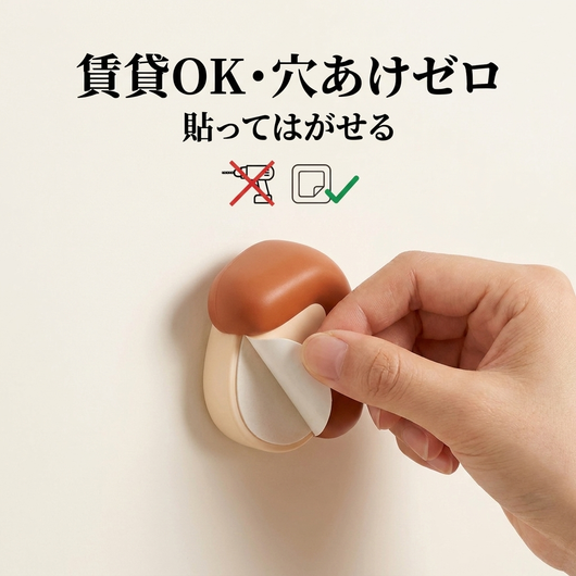 賃貸OK・穴あけゼロ。貼ってはがせる粘着ボタンを壁からはがす様子。
