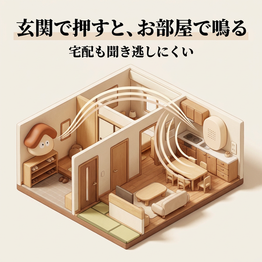 玄関で押すと、お部屋で鳴る。宅配も聞き逃しにくい、間取りのアイソメ図解。