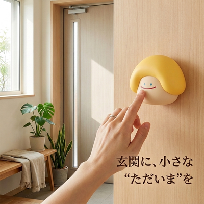 玄関に、小さな“ただいま”を。ルーシーをドア横に貼り、指で押す玄関のライフスタイル写真。
