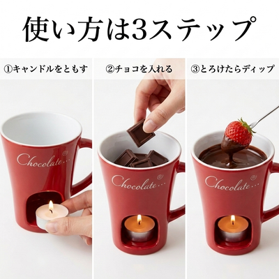 使い方3ステップ：キャンドルをともす→チョコを入れる→とろけたらディップ。マグ前面に「Chocolate…」プリント