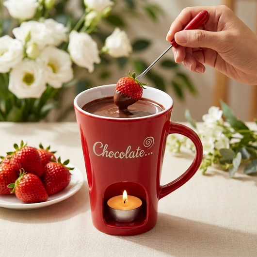 手がイチゴをレッドのマグのとろけチョコにディップ、前面に「Chocolate…」プリント、キャンドルが灯る明るいシーン