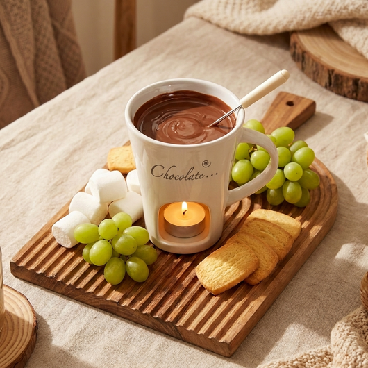 ホワイトのマグ（前面に「Chocolate…」プリント）ととろけチョコを中心にブドウ・マシュマロ・ビスケットを木のボードに並べた俯瞰