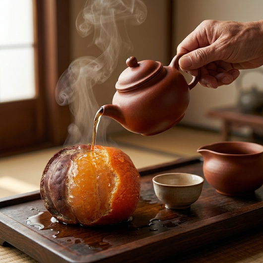 紫砂の急須から茶寵にお茶を注ぐ工夫茶のライフスタイルシーン。落ち着いた大人の雰囲気。