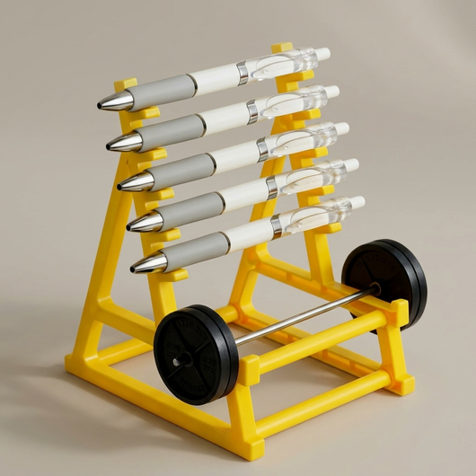 フレームカラー イエローのバーベルペンスタンド 正面 スタジオ撮影