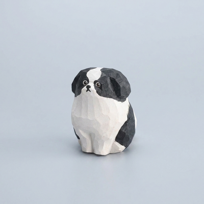 LACIAGA 木彫りわんこ 白黒犬・狆風