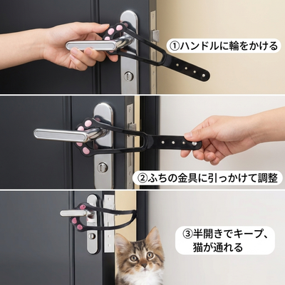 使い方 ハンドルに輪をかける ふちの金具に引っかけて調整 半開きキープ
