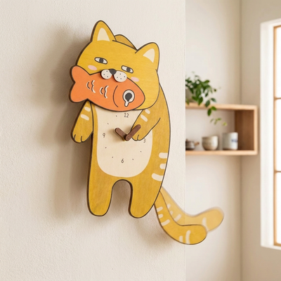 壁に掛かるオレンジ猫の振り子時計