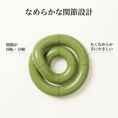 抹茶グリーンのフィジェットの関節設計と丸くなめらかな表面の説明