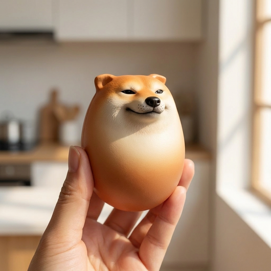 手のひらにのせた茶色いたまごから、ちょいドヤ顔の柴犬がひょっこりと顔を出している柴犬の硬質フィギュア