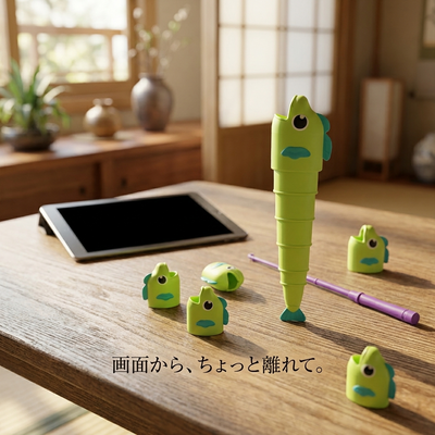 タブレットを消しておさかな釣りで遊ぶテーブルの様子