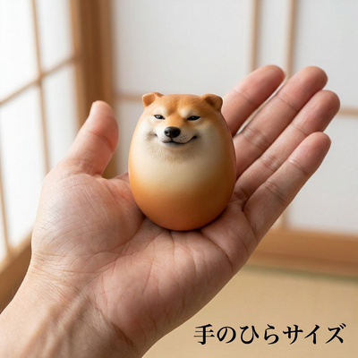 開いた手のひらにのった柴犬のたまごで大きさを示す写真