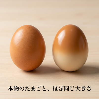 本物の茶色い卵と並べた、顔のない安静時のたまごトイで大きさを比較
