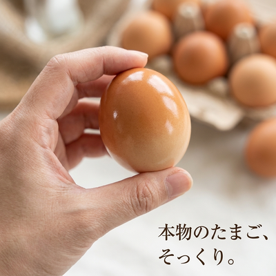 顔のない安静時のツヤある茶色いたまごを持つ手、後ろに本物の卵