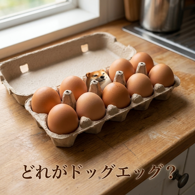 本物の卵のパックにまぎれ込んだ柴犬のたまご、ドッキリの仕掛け