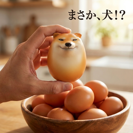本物の卵のボウルから柴犬のたまご（硬質フィギュア）を持ち上げ、柴犬の顔が現れるドッキリの瞬間