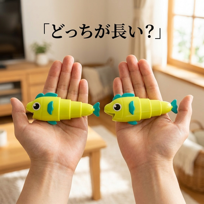 大人二人が伸ばしたおさかなの長さをくらべる