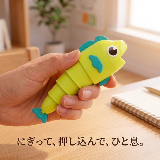 デスクでおさかなのパーツを押し込む大人の手