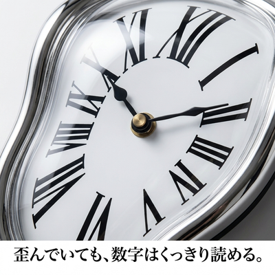 「歪んでいても、数字はくっきり読める。」文字盤のローマ数字クローズアップ