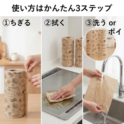 使い方はかんたん3ステップ。ちぎる・拭く・洗うまたはポイ