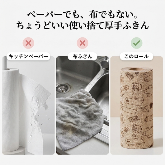 ペーパーでも布でもない、ちょうどいい使い捨て厚手ふきん。3列比較