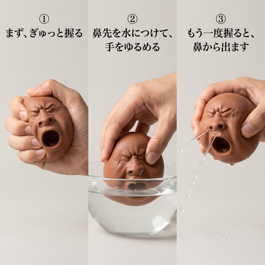 握る・鼻先を水につける・もう一度握るという三つの手順を並べた説明画像