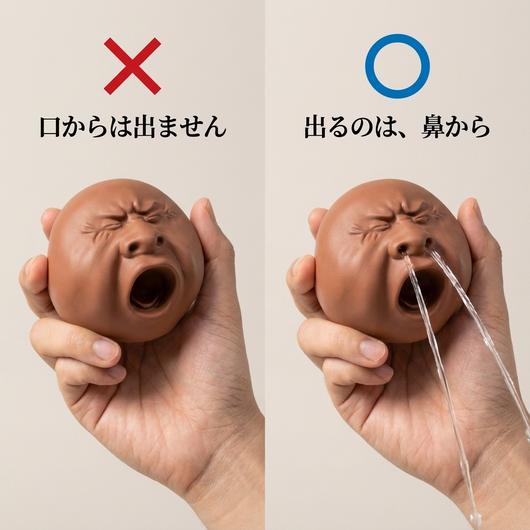 口からは出ず鼻の穴からだけ水が出ることを×と○で比べた画像
